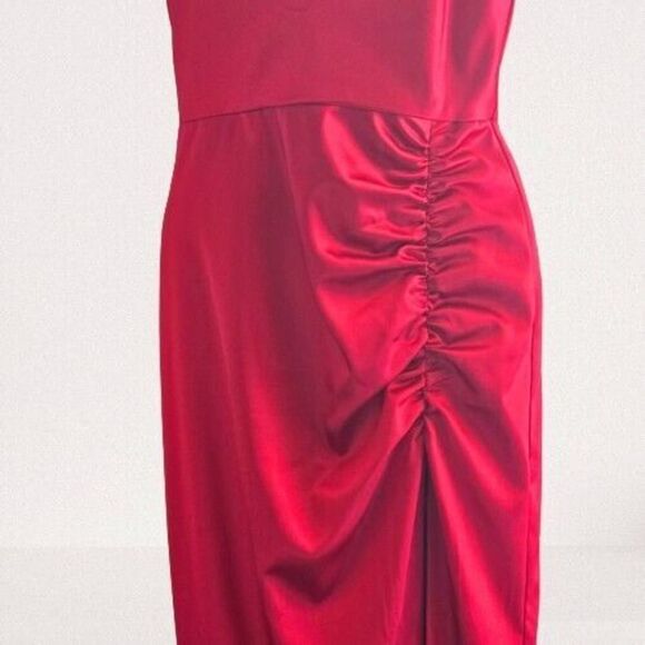 Aqua Women'S Red Draped Neck Ruched Side Slit Formal Dress Gown Size 2 - Picture 4 of 10
